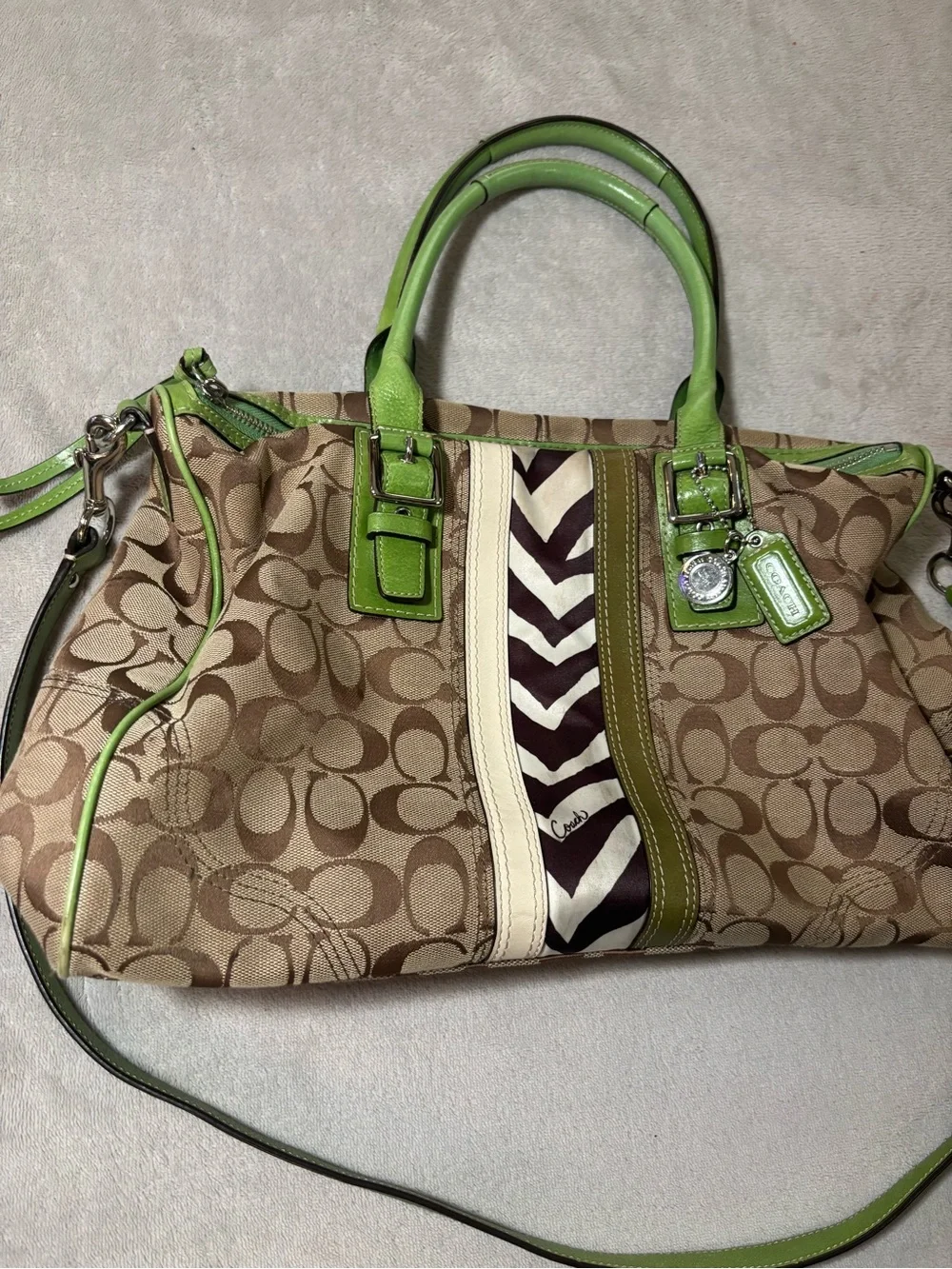 Rare Vintage Coach Hampton Nancy Signature Zebra Stripe Satchel Green Handbag